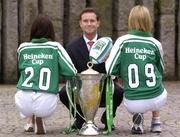 3 February 2005; Jacco van der Linden, Marketing manager, Heineken, with models Ruth Griffin, left, and Sarah McGovern at the announcement by the ERC that Heineken will continue as title sponsor of the Heineken Cup club rugby tournament until 2009. Shelbourne Hotel, Dublin. Picture credit; Damien Eagers / SPORTSFILE