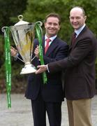3 February 2005; Jacco van der Linden, left, Marketing manager, Heineken, with Derek McGrath, ERC Chief Executive, at the announcement by the ERC that Heineken will continue as title sponsor of the Heineken Cup club rugby tournament until 2009. Shelbourne Hotel, Dublin. Picture credit; Damien Eagers / SPORTSFILE