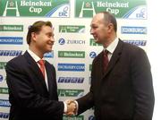 3 February 2005; Jacco van der Linden, left, Marketing manager, Heineken, shakes hands with Derek McGrath, ERC Chief Executive, at the announcement by the ERC that Heineken will continue as title sponsor of the Heineken Cup club rugby tournament until 2009. Shelbourne Hotel, Dublin. Picture credit; Damien Eagers / SPORTSFILE
