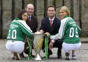 3 February 2005; Jacco van der Linden, Marketing manager, Heineken, right, and Derek McGrath, ERC Chief Executive, with models Ruth Griffin, left, and Sarah McGovern at the announcement by the ERC that Heineken will continue as title sponsor of the Heineken Cup club rugby tournament until 2009. Shelbourne Hotel, Dublin. Picture credit; Damien Eagers / SPORTSFILE