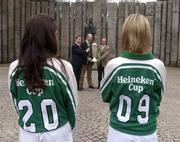 3 February 2005; Jacco van der Linden, left, Marketing manager, Heineken, with Derek McGrath, ERC Chief Executive, and Jonathon Hall, right, Marketing director, Heineken Ireland as models Ruth Griffin, left, and Sarah McGovern look on at the announcement by the ERC that Heineken will continue as title sponsor of the Heineken Cup club rugby tournament until 2009. Shelbourne Hotel, Dublin. Picture credit; Brian Lawless / SPORTSFILE