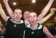 3 February 2005; Members of the Spioraid Naomh, Bishopstown team, from left, Niall O'Callaghan, Ronan Malone and Olan McDonnell celebrate after victory in the final. All-Ireland Schools Cup, U19 B Boys Final, Scoil Dara, Kilcock, Kildare v Spioraid Naomh, Bishopstown, Cork, National Basketball Arena, Tallaght, Dublin. Picture credit; Brian Lawless / SPORTSFILE