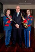 19 November 2013; Today the Artane School of Music launched their Strategic Plan 2013-2016. Founded by the Christian Brothers, the origins of the Artane band go back to 1872 known then as the Artane Boy's Band. Today it is known as the Artane School of Music set up in 1998 under a Deed of Trust jointly in the names of the Christian Brothers and the GAA. In attendence at the launch is Jimmy Deenihan, TD, Minister for Arts, Heritage and the Gaeltacht, with Lauren Keegan, left, and Emily McDonnell, right, Artane School of Music. Croke Park, Dublin. Picture credit: Barry Cregg / SPORTSFILE