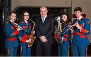19 November 2013; Today the Artane School of Music launched their Strategic Plan 2013-2016. Founded by the Christian Brothers, the origins of the Artane band go back to 1872 known then as the Artane Boy's Band. Today it is known as the Artane School of Music set up in 1998 under a Deed of Trust jointly in the names of the Christian Brothers and the GAA. In attendence at the launch is Jimmy Deenihan, centre, TD, Minister for Arts, Heritage and the Gaeltacht, with members of the Artane School of Music from left, Lauren Keegan, Emily McDonnell, Rachel Fitzgerald and Oisin O'Connell. Croke Park, Dublin. Picture credit: Barry Cregg / SPORTSFILE