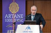 19 November 2013; Today the Artane School of Music launched their Strategic Plan 2013-2016. Founded by the Christian Brothers, the origins of the Artane band go back to 1872 known then as the Artane Boy's Band. Today it is known as the Artane School of Music set up in 1998 under a Deed of Trust jointly in the names of the Christian Brothers and the GAA. Speaking at the launch is Jimmy Deenihan, TD, Minister for Arts, Heritage and the Gaeltacht. Croke Park, Dublin. Picture credit: Barry Cregg / SPORTSFILE