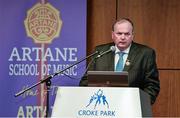 19 November 2013; Today the Artane School of Music launched their Strategic Plan 2013-2016. Founded by the Christian Brothers, the origins of the Artane band go back to 1872 known then as the Artane Boy's Band. Today it is known as the Artane School of Music set up in 1998 under a Deed of Trust jointly in the names of the Christian Brothers and the GAA. Speaking at the launch is Uachtarán Chumann Lúthchleas Gael Liam Ó Néill. Croke Park, Dublin. Picture credit: Barry Cregg / SPORTSFILE