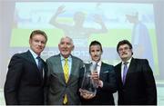 20 November 2013; Robert Heffernan is presented with his Athlete of the Year award by former World 5,000m Champion Eamonn Coghlan, left, 1956 Olympic Gold Medallist Ronnie Delany and John Foley, CEO of Athletics Ireland, right, at the 2013 National Athletics Awards in Association with Woodie’s DIY and Tipperary Crystal. Crowne Plaza Hotel, Santry, Co. Dublin. Picture credit: Stephen McCarthy / SPORTSFILE