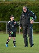20 November 2013; George Morgan, from Perrystown, Co. Dublin, with All Black skills & kicking coach Mick Byrne during an AIG Kicking Clinic. Westmanstown Sports Centre, Clonsilla, Co. Dublin. Picture credit: Brendan Moran / SPORTSFILE