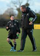 20 November 2013; George Morgan, from Perrystown, Co. Dublin, with All Black skills & kicking coach Mick Byrne during an AIG Kicking Clinic. Westmanstown Sports Centre, Clonsilla, Co. Dublin. Picture credit: Brendan Moran / SPORTSFILE