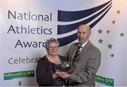 20 November 2013; Outstanding Official Award recipient Brian Dowling, from Naas, Co. Kildare, in the company of his wife Madeline at the 2013 National Athletics Awards in Association with Woodie’s DIY and Tipperary Crystal. Crowne Plaza Hotel, Santry, Co. Dublin. Picture credit: Stephen McCarthy / SPORTSFILE