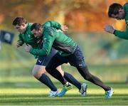 22 November 2013; Ireland's Dave Kearney and Declan Fitzpatrick, left, during squad training ahead of their Guinness Series International match against New Zealand on Sunday. Ireland Rugby Squad Training, Carton House, Maynooth, Co. Kildare.  Picture credit: Stephen McCarthy / SPORTSFILE