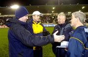 5 February 2005; Mayo selector George Golden, left and manager John Maughan with Dublin selector Dave Billings speak to Referee Paddy Russell, right, about recent rule changes. Allianz National Football League, Division 1A, Dublin v Mayo, Parnell Park, Dublin. Picture credit; Damien Eagers / SPORTSFILE