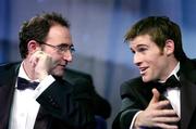 6 February 2005; Martin O'Neill, Glasgow Celtic Manager, in conversation with Senior International Player of the Year Kevin Kilbane at the 2004 FAI / eircom International Soccer Awards. Citywest Hotel, Dublin. Picture credit; David Maher / SPORTSFILE