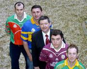 7 February 2005; Billy Finn, AIB,, from left; Brian McEvoy, James Stephens, Jim Connolly, Rossa, Eugene Cloonan, Athenry, and Paddy O'Brien, Toomervara, before a press conference ahead of the AIB All-Ireland Club Hurling Championship semi-finals. Ely Place, Dublin. Picture credit; Damien Eagers / SPORTSFILE