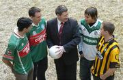 7 February 2005; Billy Finn, AIB, with captains, from left, Brian Ruane, Ballina Stephenites, Odhran O'Dwyer, Kilmurray-Ibrickane, Colm Parkinson, Portlaoise and Tony McEntee, Crossmaglen Rangers, before a press conference ahead of the AIB All-Ireland Club Football Championship semi-finals. Ely Place, Dublin. Picture credit; Damien Eagers / SPORTSFILE