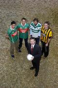 7 February 2005; Billy Finn, AIB, with captains, from left, Brian Ruane, Ballina Stephenites, Odhran O'Dwyer, Kilmurray-Ibrickane, Colm Parkinson, Portlaoise and Tony McEntee, Crossmaglen Rangers, before a press conference ahead of the AIB All-Ireland Club Football Championship semi-finals. Ely Place, Dublin. Picture credit; Damien Eagers / SPORTSFILE