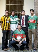 7 February 2005; Billy Finn, AIB, with captains, from left; Tony McEntee, Crossmaglen Rangers, Colm Parkinson, Portlaoise, Brian Ruane, Ballina Stephenites and Odhran O'Dwyer, Kilmurray-Ibrickane, before a press conference ahead of the AIB All-Ireland Club Football Championship semi-finals. Ely Place, Dublin. Picture credit; Damien Eagers / SPORTSFILE