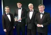 6 February 2005; Darren Quigley, St. Laurence's College / UCD, is presented with the Schools International Player of the year award by, from left; Philip Nolan, eircom Chief Executive, and David Blood, Assistant President of the FAI and Minister for Family ans Social Affairs Seamus Brennan T.D., at the 2004 FAI / eircom International Soccer Awards. Citywest Hotel, Dublin. Picture credit; David Maher / SPORTSFILE