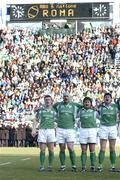 6 February 2005; Ireland players, from left, Brian O'Driscoll, John Hayes, Shane Byrne and Reggie Corrigan sing &quot;Ireland's Call&quot; before the game against Italy. RBS Six Nations Championship 2005, Italy v Ireland, Stadio Flamino, Rome, Italy. Picture credit; Brendan Moran / SPORTSFILE