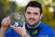 25 November 2013; Leinster's Martin Moore who received his Bank of Ireland player of the month award for October from Pat Finn, Auctioneer and Mediator, Bank Of Ireland, Ballinasloe, Co. Galway. Bank of Ireland Player of the Month for October, UCD, Belfield, Dublin. Picture credit: Barry Cregg / SPORTSFILE