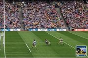 1 September 2013;    Frozen I. Donnchadh Walsh is still captured in striking pose despite the journey of the ball to the Hill 16 net. The pass from Colm Cooper to set up this scoring chance is not bettered all season.    Picture credit: Stephen McCarthy / SPORTSFILE    This image may be reproduced free of charge when used in conjunction with a review of the book &quot;A Season of Sundays 2013&quot;. All other usage © SPORTSFILE