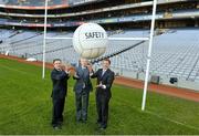 25 November 2013; “We Make Safety Our Goal” Ard Stiúrthóir of the GAA Páraic Duffy with Peter McKenna, left, Stadium & Commercial Director and Alan Gallagher, right, Head of Operations. Croke Park celebrates becoming the first stadium in Europe to achieve OHSAS 18001 Certification, the globally recognised standard for best practice in occupational health and safety. Croke Park, Dublin’s largest visitor attraction with over 1.5 million visitors in 2013, was awarded the certification after an extensive audit process which ensured the stadium’s health and safety management system complies with the highest international specifications. Croke Park, Dublin. Picture credit: Matt Browne / SPORTSFILE