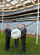 25 November 2013; “We Make Safety Our Goal”  Ard Stiúrthóir of the GAA Páraic Duffy with Peter McKenna, left, Stadium & Commercial Director and Alan Gallagher, right, Head of Operations. Croke Park celebrates becoming the first stadium in Europe to achieve OHSAS 18001 Certification, the globally recognised standard for best practice in occupational health and safety. Croke Park, Dublin’s largest visitor attraction with over 1.5 million visitors in 2013, was awarded the certification after an extensive audit process which ensured the stadium’s health and safety management system complies with the highest international specifications. Croke Park, Dublin. Picture credit: Matt Browne / SPORTSFILE