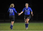 22 November 2013; Leinster's Michelle Claffey and Claire Ryan, left, congratulate each other after the game. Women's Interprovincial Rugby Friendly, Leinster v Exiles, Ashbourne RFC, Ashbourne, Co. Meath. Picture credit: Pat Murphy / SPORTSFILE