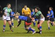 22 November 2013; Janice Daly, Leinster, is tackled by Exiles players, from left, Beth O'Brien, Juliet Short and Rachael Potter. Women's Interprovincial Rugby Friendly, Leinster v Exiles, Ashbourne RFC, Ashbourne, Co. Meath. Picture credit: Pat Murphy / SPORTSFILE
