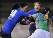 22 November 2013; Aine Ni Chathain, Leinster, is tackled by Allison Condell, Exiles. Women's Interprovincial Rugby Friendly, Leinster v Exiles, Ashbourne RFC, Ashbourne, Co. Meath. Picture credit: Pat Murphy / SPORTSFILE