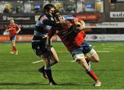 23 November 2013; Sean Dougall, Munster, is tackled by Lewis Jones, Cardiff Blues. Celtic League 2013/14, Round 8, Cardiff Blues v Munster, Arms Park, Cardiff, Wales. Picture credit: Ian Cook / SPORTSFILE