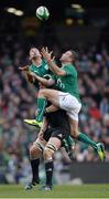 24 November 2013; Ireland's Rob, left, and Dave Kearney, attempt to claim a high ball ahead of Richie McCaw, New Zealand. Guinness Series International, Ireland v New Zealand, Aviva Stadium, Lansdowne Road, Dublin. Picture credit: Stephen McCarthy / SPORTSFILE
