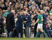 24 November 2013; Ireland's Brian O'Driscoll is led off the field by Dr. Eanna Falvey, right, and Dr. Jim McShane, left, after picking up an injury. Guinness Series International, Ireland v New Zealand, Aviva Stadium, Lansdowne Road, Dublin. Picture credit: Brendan Moran / SPORTSFILE