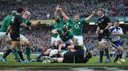 24 November 2013; Ireland players Cian Healy, Mike Ross and Jamie Heaslip celebrate after Conor Murray scored his side's first try. Guinness Series International, Ireland v New Zealand, Aviva Stadium, Lansdowne Road, Dublin. Picture credit: Brendan Moran / SPORTSFILE