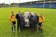 29 November 2013; Leinster Rugby Referees, LLR, is delighted to announce Volkswagen as sponsors of the association for the next three seasons. Volkswagen has been sponsors of Leinster Rugby for the past four seasons and has extended that commitment to incorporate the Leinster Rugby Referees. Pictured at the announcement are, from left, Dudley Phillips, referee, Pat Ryan, Head of Sales Volkswagen Ireland, Mick Dawson, Chief Executive, Leinster Rugby, Paul Burke, Operations Director of Volkswagen Ireland, Peter Donnelly, President of the Leinster Rugby Referees and Alain Rolland, referee. Donnybrook, Dublin. Picture credit: Matt Browne / SPORTSFILE