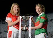 26 November 2013; Senior players Majella Woods, left, Donaghmoyne, Co. Monaghan, and Marie Corbett, Carnacon, Co. Mayo, in attendance at a Tesco Homegrown Ladies Football All-Ireland Club Championship Finals media day. Croke Park, Dublin. Photo by Sportsfile