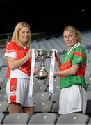 26 November 2013; Senior players Majella Woods, left, Donaghmoyne, Co. Monaghan, and Marie Corbett, Carnacon, Co. Mayo, in attendance at a Tesco Homegrown Ladies Football All-Ireland Club Championship Finals media day. Croke Park, Dublin. Photo by Sportsfile
