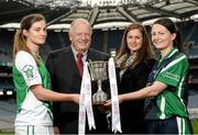 26 November 2013; Junior players Emily Brick, left, Na Gaeil, Co. Kerry, and Sue O'Sullivan, Dunedin Connolly’s, Edinburgh, with Pat Quill, President, Ladies Gaelic Football Association, and Lynn Moynihan, head of Marketing and Sponsorship, Tesco Ireland, in attendance at a Tesco Homegrown Ladies Football All-Ireland Club Championship Finals media day. Croke Park, Dublin. Photo by Sportsfile