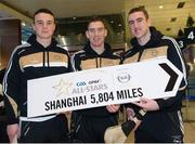 27 November 2013; Dublin players Liam Rushe, left, Joey Boland, centre, and Peter Kelly, at Dublin Airport prior to their departure for Shanghai for the GAA GPA All Star Tour 2013, sponsored by Opel. Dublin Airport, Dublin. Picture credit: Pat Murphy / SPORTSFILE