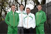 27 November 2013; In attendance at a press conference ahead of the 20th Spar European Cross Country Championships, which take place in Belgrade, Serbia, on Sunday December 8th, are, from left, Michael Mulhare, Senior Men, Kevin Ankrom, High Performance Director, Athletics Ireland, Chris Jones, National Endurance Coach, and David McCarthy, Senior Men. Alexander Hotel, Dublin. Picture credit: Brendan Moran / SPORTSFILE