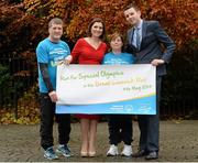 28 November 2013; Special Olympics Ireland athlete, Christine Delaney with TV3 presenter Colette Fitzpatrick, Newstalk Breakfast host Chris Donoghue, right, and Matt English, CEO Special Olympics Ireland at the announcement of Special Olympics Ireland as Official Charity Partner for the 2014 Great Limerick Run at Stephen's Green, Dublin. Picture credit: Matt Browne / SPORTSFILE