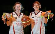 28 November 2013; Sarah McGrath, left, and Lindsey Peat, DCU Mercy Basketball, in attendance to help raise the profile of the Cappagh Hospital 'Funky Feet' Campaign. DCU Sports Arena, Ballymun, Dublin. Picture credit: Ramsey Cardy / SPORTSFILE