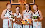 28 November 2013; DCU Mercy Basketball players, from left, Lindsey Peat, Lauren Hynes, Sarah Fitzpatrick and Sarah McGrath in attendance to help raise the profile of the Cappagh Hospital 'Funky Feet' Campaign. DCU Sports Arena, Ballymun, Dublin. Picture credit: Ramsey Cardy / SPORTSFILE
