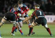 29 November 2013; James Cronin, Munster, is tackled by Lewis Evans, Newport Gwent Dragons. Celtic League 2013/14, Round 9, Newport Gwent Dragons v Munster, Rodney Parade, Newport, Wales. Picture credit: Steve Pope / SPORTSFILE
