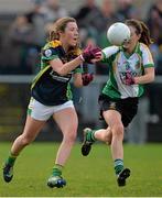 30 November 2013; Megan Glynn, Claregalway, in action against Miriam Liston, Thomas Davis. TESCO HomeGrown All-Ireland Intermediate Club Final, Claregalway, Galway v Thomas Davis, Dublin, St. Lomans GAA Club, Mullingar, Co. Westmeath. Picture credit: Brendan Moran / SPORTSFILE