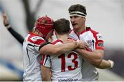 30 November 2013; Ulster's Darren Cave, centre, is congratulated by team-mates Robbie Diack, right, and Michael McComish after scoring his side's first try. Celtic League 2013/14, Round 9, Zebre v Ulster, Stadio XXV Aprile, Parma, Italy. Picture credit: Roberto Bregani / SPORTSFILE