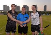 30 November 2013; The two captains, Patrick Donnellan, Clare, GAA GPA All-Stars 2013, left, and Eoin Larkin, Kilkenny, GAA GPA All-Stars 2012, shake hands accross the referee James McGrath before the game. GAA GPA All-Stars 2013 Exhibition Match, GAA GPA All-Stars 2013 v GAA GPA All-Stars 2012, Sponsored by Opel. Shanghai Rugby Football Club, Zhangyang Bei Lu, Wuzhou Da Dao, Shanghai, China. Picture credit: Ray McManus / SPORTSFILE