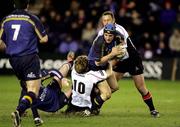 19 February 2005; David Quinlan, Leinster, is tackled by Phil Godman and Brendan Laney, Edinburgh Rugby. Celtic League 2004-2005, Pool 1, Edinburgh Rugby v Leinster, Murrayfield Stadium, Edinburgh, Scotland. Picture credit; Gordon Fraser / SPORTSFILE