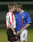 22 February 2005; Eamon Doherty, Derry City, left, faces up to Linfield's Stephen Douglas. Pre-Season Friendly, Derry City v Linfield, Brandywell, Derry. Picture credit; David Maher / SPORTSFILE