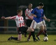 22 February 2005; Shay Campbell, Linfield, is tackled by Eamonn Doherty, Derry City. Pre-Season Friendly, Derry City v Linfield, Brandywell, Derry. Picture credit; David Maher / SPORTSFILE